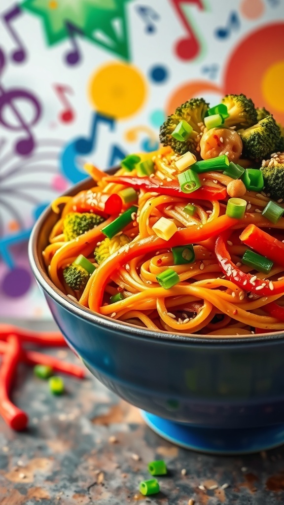 A colorful bowl of stir-fried noodles with vegetables, garnished with green onions and sesame seeds.